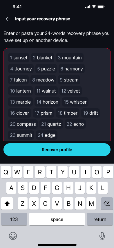 Recover a Profile Keet highlights the recovery phrase field if the words don't match.